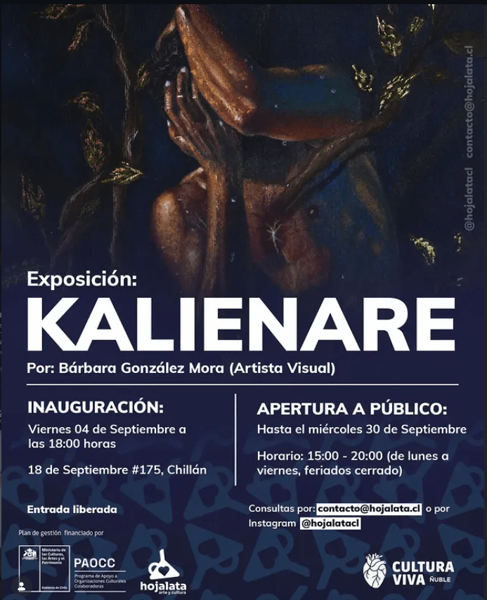 Afiche de Kalienare, exposición de Bárbara González Mora en Hojalata, Chillán, con una figura humana entre ramas.