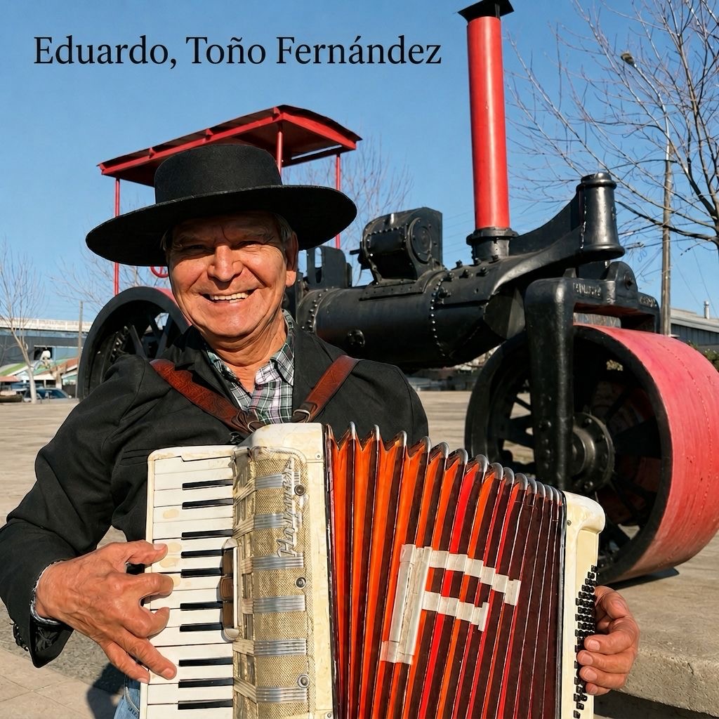 Eduardo “Toño” Fernández tocando acordeón frente a una antigua locomotora en Chillán.