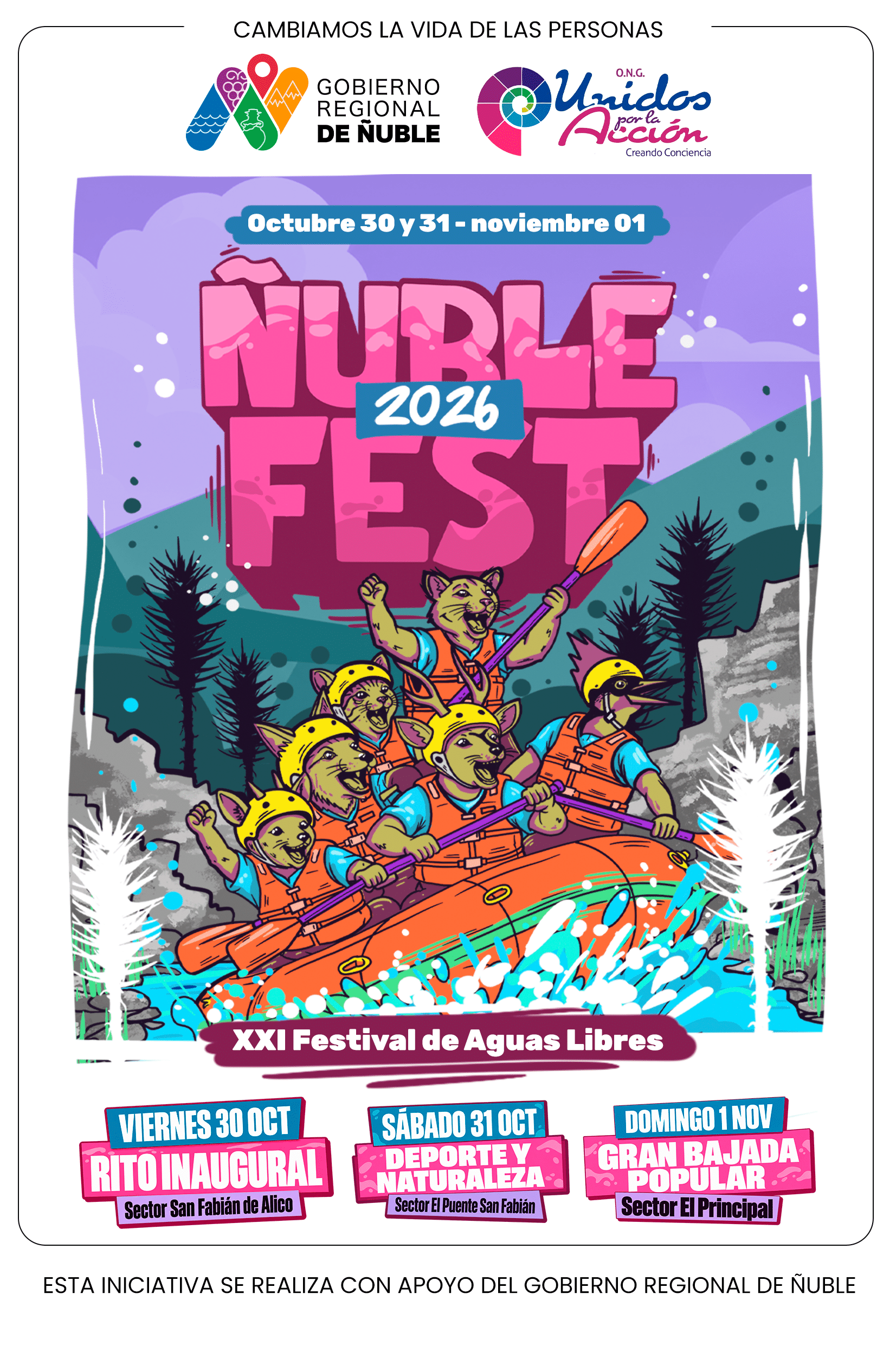 Afiche de Ñuble Fest 2026 con animales ilustrados remando, las fechas del 30 de octubre al 1 de noviembre y las tres jornadas del festival.
